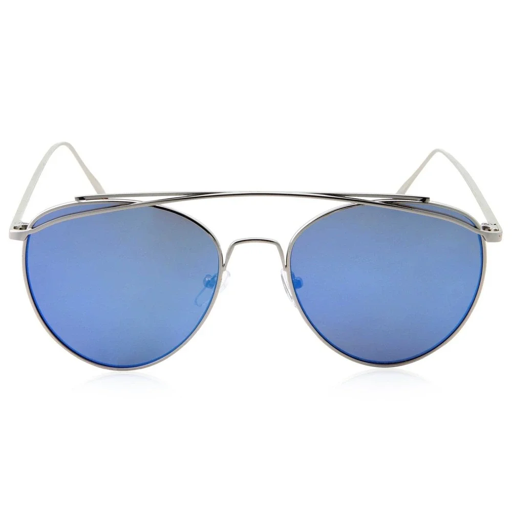 Sunglasses Blue Mirror Reflective Lens Silver‎ Frame Fashion Pilot Style UV400